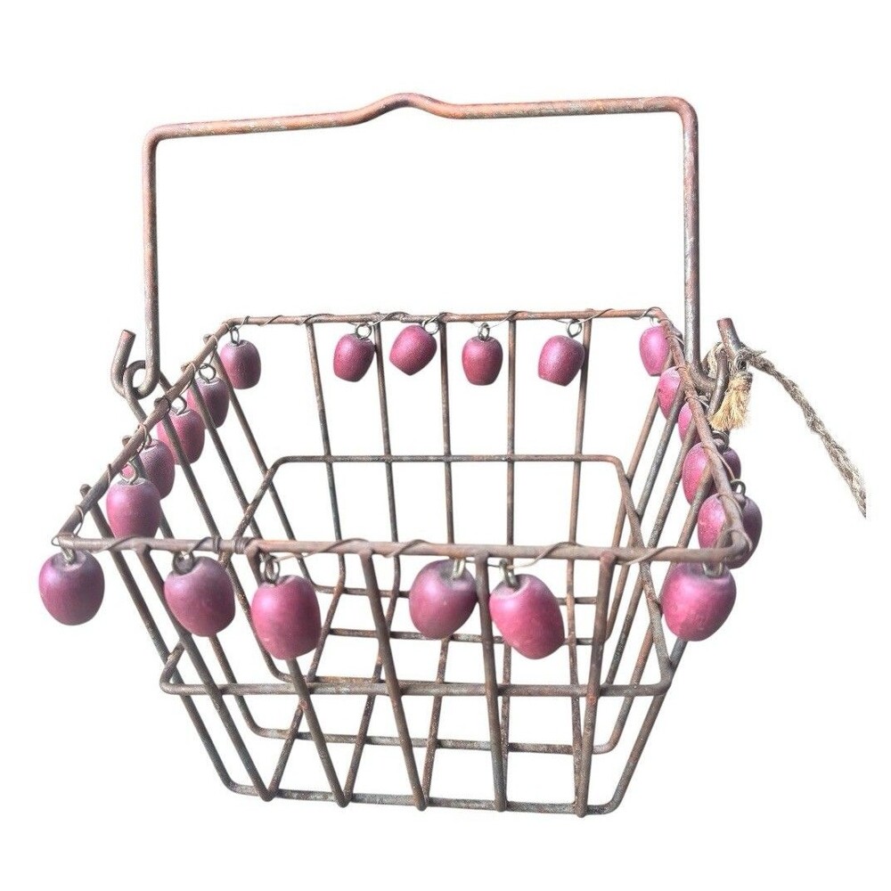 Vintage Wire Basket Wooden Apple Bead Trim Rustic Primitive Country Farmhouse
